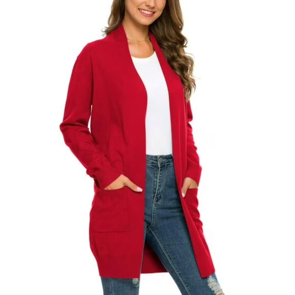 Fashion Sweaters - True Red Soft Open Cardigan with Pockets & Fitted Sleeves, Size Large